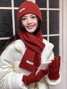 1 Set Solid Color Casual Acrylic Beanie, Scarf & Gloves 3 Pieces Set, Autumn/Winter Cold Weather Outfit Women Valentines Gift - Multicolor - View 14