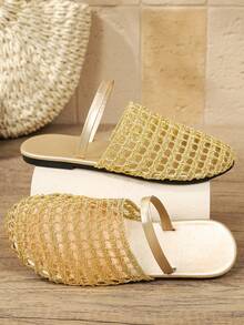 女士轻便编织网面平底凉鞋，露趾踝带沙滩度假休闲拖鞋 - 鎏金色 - 查看 4