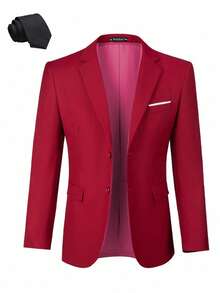 Furuyal 男士两件套西装外套，纯色西装外套领带套装，长袖，双排扣/单排扣修身款，适合旅行、婚礼、派对、商务、舞会等场合，浅酒红色，尺码 XS-3XL - 紅色 - 查看 7