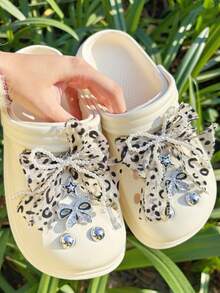 10个豹纹蝴蝶结鞋夹，优雅系列可拆卸鞋饰，适用于带孔鞋、厚底凉鞋、拖鞋、花园鞋、沙滩鞋、DIY配件 - 豹紋蝴蝶結 - 查看 4