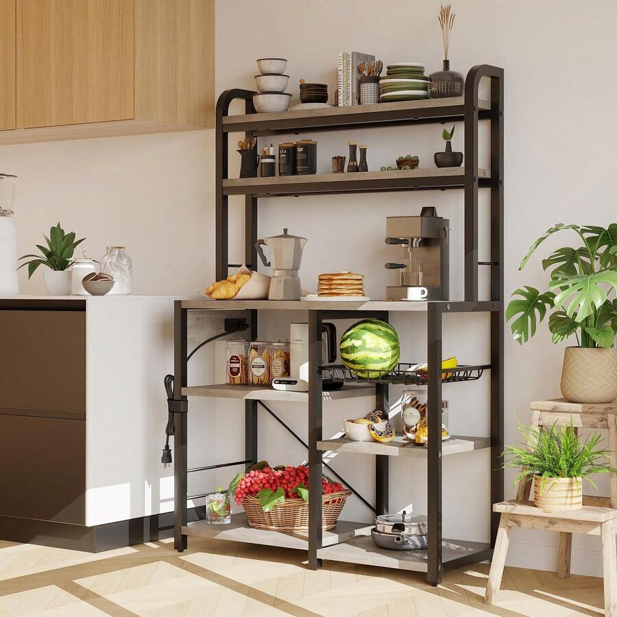 Soporte para microondas con toma de corriente, estante para panaderos de cocina con cesta de alambre, estante grande de almacenamiento no empotrado de 6 niveles para cocina, comedor, sala - Gris - Ver 1