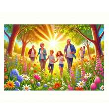 1件装涤纶家庭花园派对背景布，适用于生日、周年纪念、斋月和复活节庆祝活动、春夏装饰、拍照道具、节日活动配件 | 家庭主题背景 | 彩色面料设计，夏季派对 - 彩色 - 查看 1