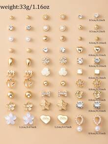 60pcs Fashion Metal Butterfly, Heart, Rhinestone, Moon, Bow Knot, Flower Stud Earrings Set, Jewelry Gift, Suitable For Women Daily Wear - Yellow Gold - View 8