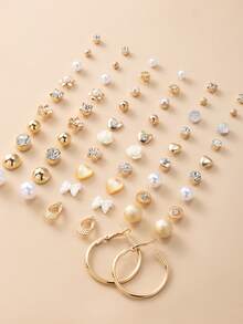 60 piezas Conjunto de aretes de moda con diseños de mariposa, corazón, rhinestone, luna, lazo, flor. Joyería de regalo adecuada para uso diario de mujeres - Amarillo Oro - Ver 5