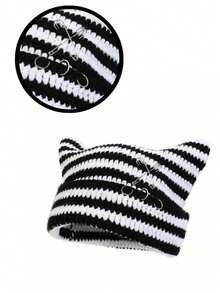 1pc Unisex Hand Knitted Cute Striped Cat Ear Beanie Hat, Autumn Winter Warm Ear Protective Handmade Striped Ski Mask Street Fashion Hip-Hop Couple Headwear - Multicolor - View 59