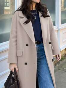Women's Long Sleeve Solid Color Pocket Windbreaker Double-Breasted Woolen Coat, Country Style For Women, Winter Clothes For Women - Beige - View 7