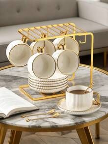 6 Set Of Luxurious Gold-Trimmed Ceramic Tea Set With Coffee Cup And Saucer, Dishwasher . Ideal For Home Kitchen, Table Decoration, Afternoon Tea, Coffee Drinking, Personalized Gifts, Kitchen Accessories, Ramadan, Parties, Birthdays, Weddings, And Dinner Parties.Valentines Gift For Him,Valentines Gift - White - View 8