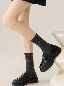 4 Pairs Retro Striped & Leopard Print Mid-Calf Socks, Versatile & Sock Combo - Multicolor - View 1