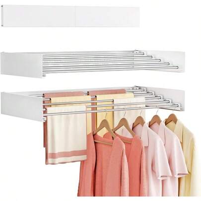 Wall Mounted Clothes Drying Rack Folding Indoor Foldable Laundry Drying Rack Collapsible Invisible Space Saving Retractable Towel Drying Rack With Wall Template 5 Drying Rods White 32"