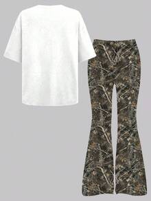 少女卡通字母印花短袖T恤和喇叭裤套装 - 軍綠色 - 查看 2