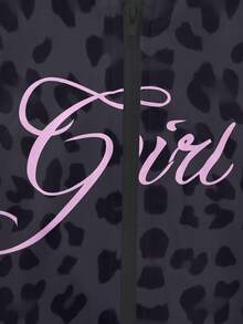 LovelyWholesale 女士可爱连帽长袖字母豹纹拉链外套和喇叭裤套装，春假穿搭，夏季度假装扮，黑色 - 黑色 - 查看 6