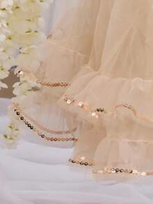 少女闪亮金色亮片长款伴娘礼服，蓬蓬薄纱公主生日舞会礼服，毕业典礼花童礼服 - 金色 - 查看 10