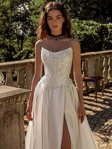 Elegant Strapless A-Line White Wedding Dress With High Slit And Open Back – Luxe Floor-Length Bridal Gown With Flowing Silhouette And Cathedral Train, Perfect For Weddings, Christmas, Halloween, Balls, Birthday Celebrations, And Special Events. Suitable For Ceremonies, Parties, Vacations, Formal Gatherings, Evening Galas, Prom Dresses, Homecoming Dresses, Cocktail Events, Bridal Party Attire, Wedding Guest Outfits, And Graduation Occasions. - 白色 - 查看 4