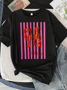 Camiseta  Langostas en Rayas, estampado de langostas rojas, fondo de rayas rosas, texto, estilo divertido juvenil - Negro - Ver 1