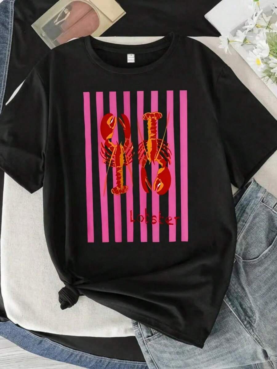 Camiseta Langostas en Rayas, estampado de langostas rojas, fondo de rayas rosas, texto, estilo divertido juvenil - Negro - Ver 1