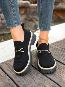 Mocasines versátiles de moda con suela gruesa y cuña para mujer, de estilo elegante y universitario, de tela y con detalles metálicos