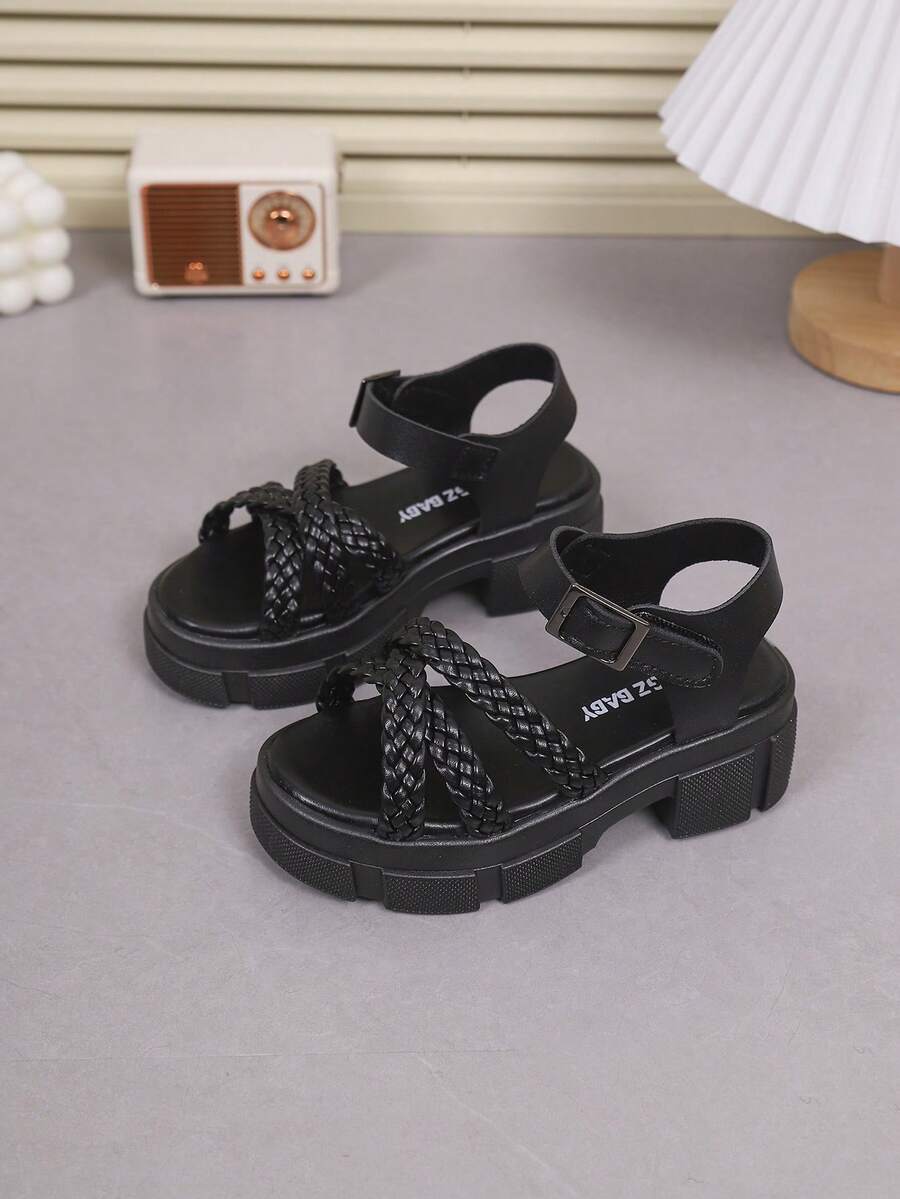 1 Pair Girls' Outdoor Sandals, New Summer Design, Round Toe Woven Criss-Cross Hook And Loop, Fashionable & Elegant, Lightweight & Non-Slip, Girls' High Heel Sandals - Black - View 1