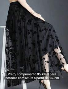 Belala Moda Saia longa tule estampa laço cintura elástica evasê elegante feminina verão - Preto - Visão 2