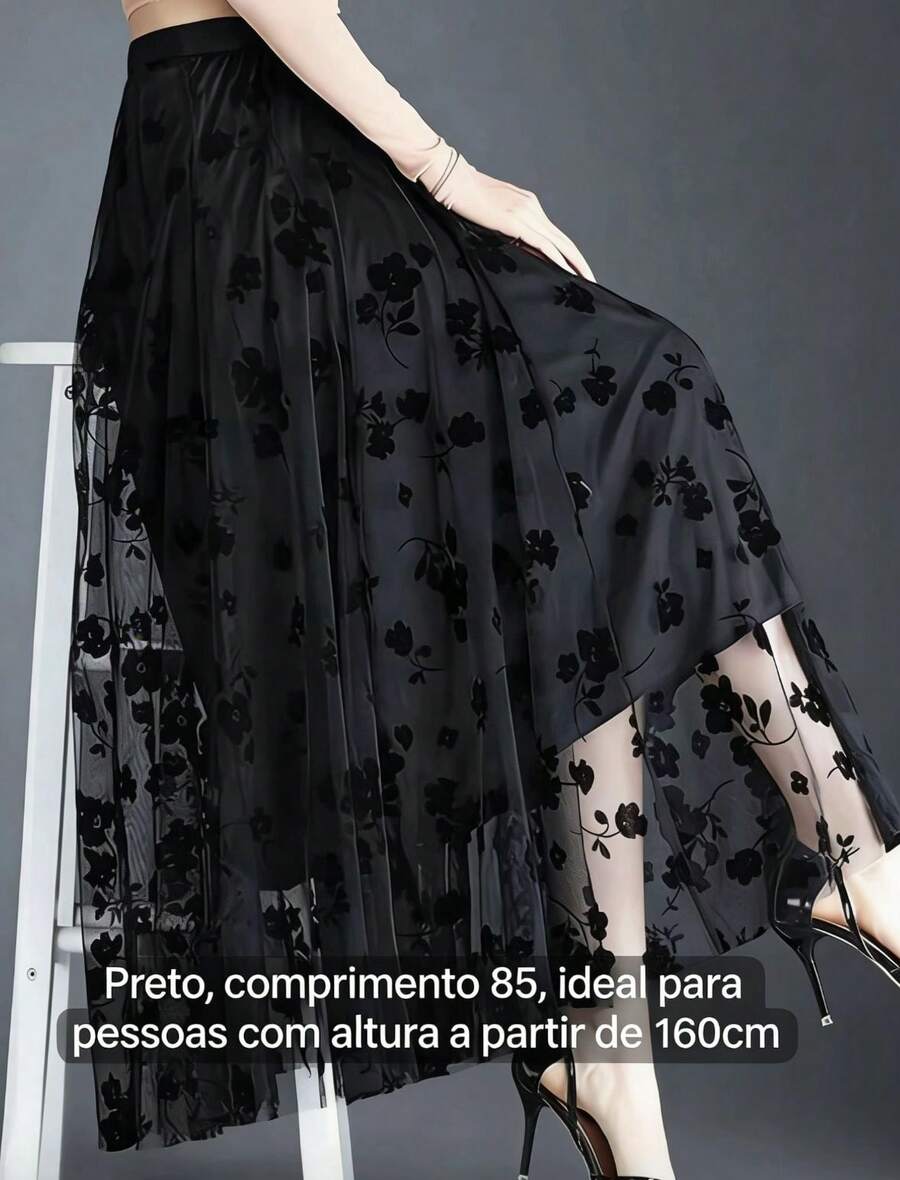 Belala Moda Saia longa tule estampa laço cintura elástica evasê elegante feminina verão