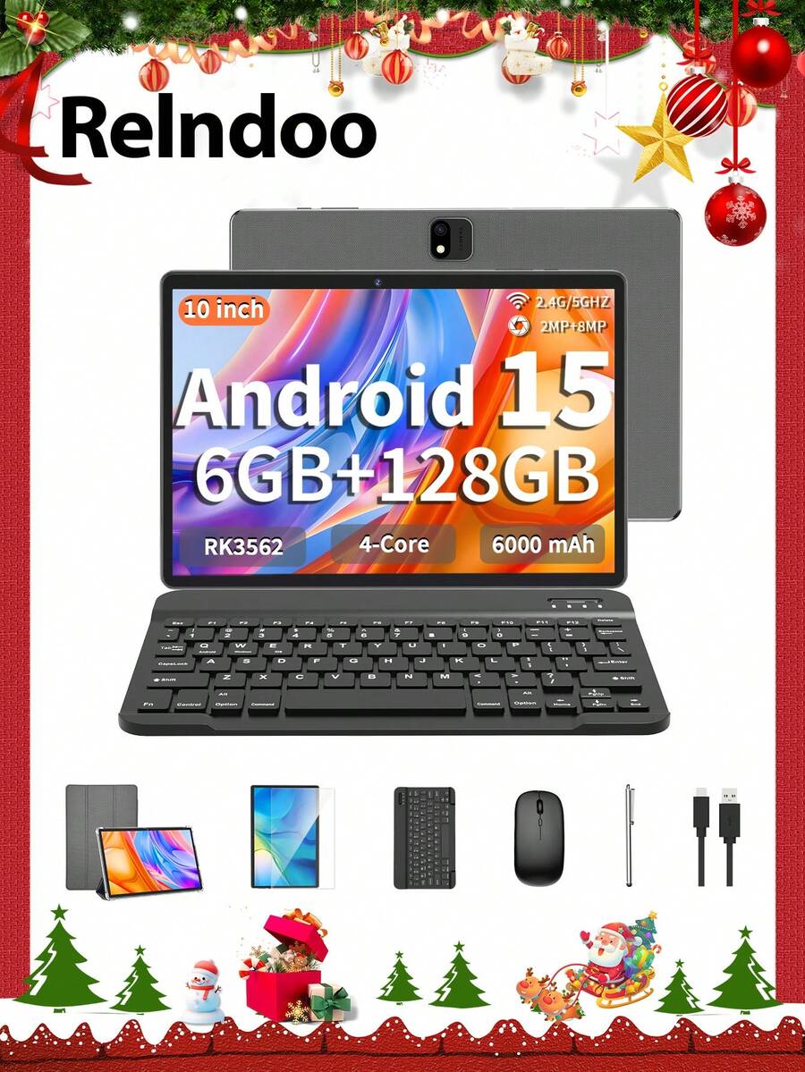Relndoo 2025 Android Tablet With Keyboard, Android 15 Tablets, 2 In 1 Tablet, 10.1 Inch Tablet With Mouse, Leather Case, Stylus, Protective Film, Cable, RK3562 Quad-Core 2.0 GHz, (6GB+20GB) RAM+128GB ROM, 2MP+8MP Dual Camera, 1280*800px HD Touchscreen, 6000mAh Battery, Type C, Supports 1TB SD Expansion, 802.11n Wifi 2.4G/5G Wireless, GPS, Great As A Gift (No Adapter) -Grey