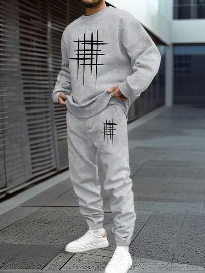 K-GLORY Men's Casual Street Line Element Print Crew Neck Sweatshirt And Sweatpants Set