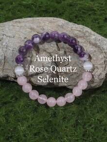 YAUKIA 1件套透石膏、粉晶和紫水晶水晶珠手链，高品质宝石手链，能量、蜕变和自爱手链，送给女性的礼物