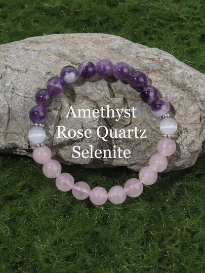 YAUKIA 1件套透石膏、粉晶和紫水晶水晶珠手链，高品质宝石手链，能量、蜕变和自爱手链，送给女性的礼物