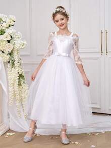 Tween Girls Elegant Lace Long Sleeve Princess Party Dress, Suitable For Communion, Bridesmaid, Wedding, Birthday, Graduation Ceremony, Performance - White - View 3