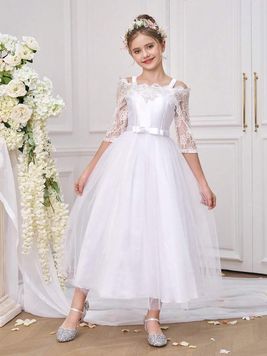 少女优雅蕾丝长袖公主派对礼服，适合圣餐礼、伴娘、婚礼、生日、毕业典礼、表演等场合 - 白色 - 查看 1