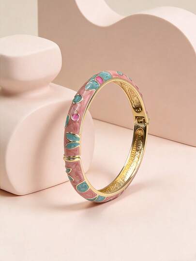Vintage Chinese Style Enamel Floral Pattern Alloy Inlaid Fashionable Hinged Bangle Bracelet For Women
