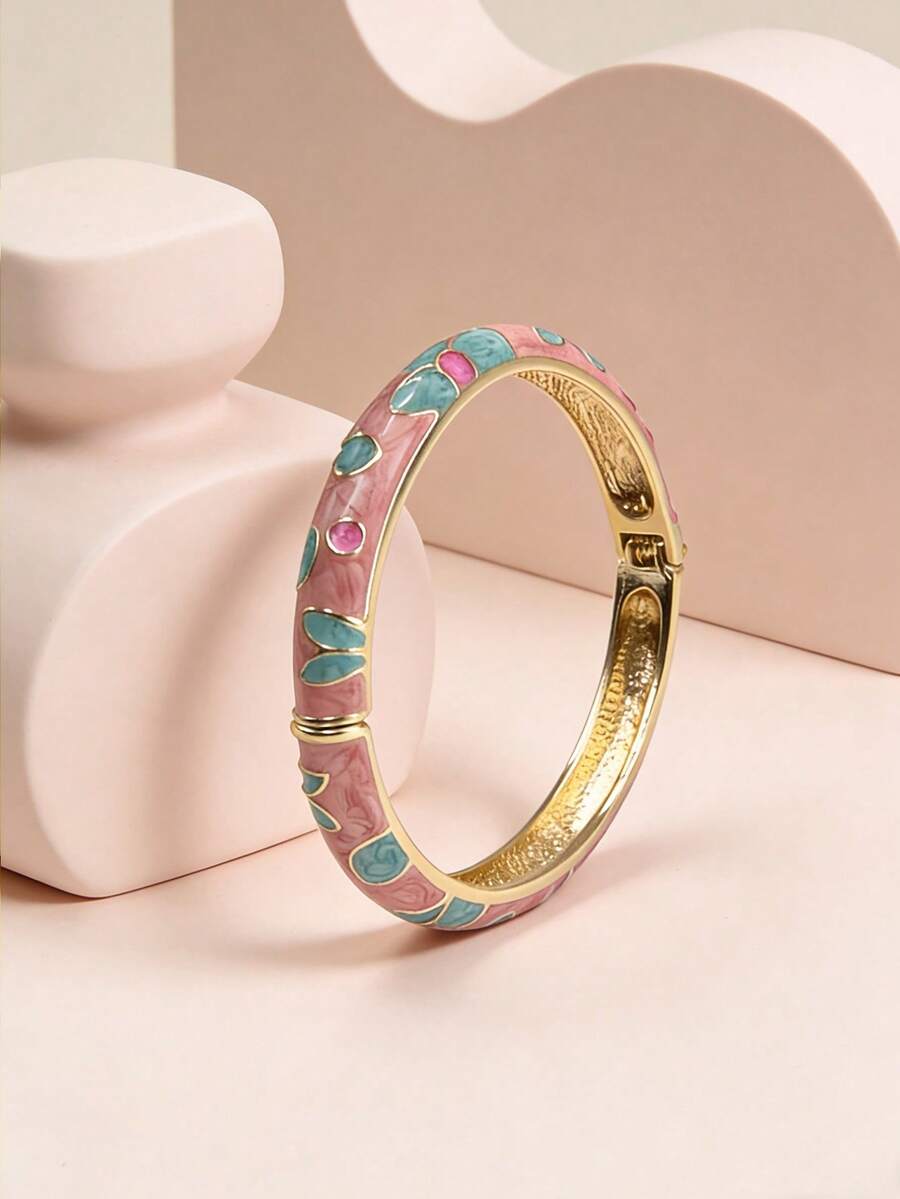 Vintage Chinese Style Enamel Floral Pattern Alloy Inlaid Fashionable Hinged Bangle Bracelet For Women - Pink - View 1
