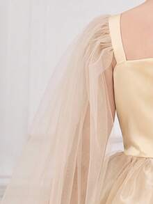 少女闪亮金色亮片长款伴娘礼服，蓬蓬薄纱公主生日舞会礼服，毕业典礼花童礼服 - 金色 - 查看 8