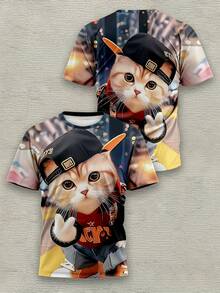 Men'S Casual 3D Print T-Shirt With Cute Cat Design - "LUCKY" Graphic, Short Sleeve, Round Neck, Lightweight & Stretchy, Everyday Tshirt |   Playful Cat Design |   Comfortable Fit, Cat Lover Gifts - 混合色 - 查看 3