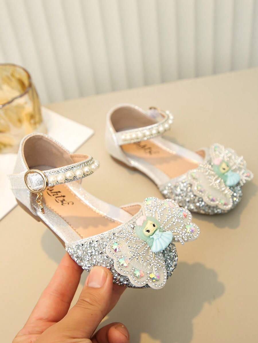 1 Pair Girls' Princess Bow Rhinestone Teddy Bear Cute Sandals, Casual Versatile Flat Slide Sandals, Suitable For Toddler, Little, Big Kids, Spring/Summer/Autumn - Silver - View 1