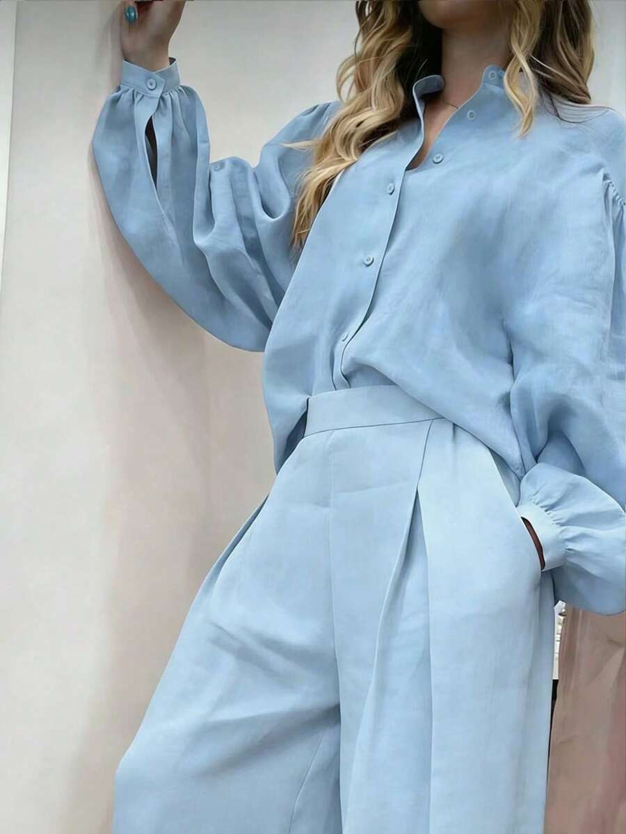 两件套女士纯色长袖上衣和宽松长裤套装 春季 - 藍色 - 查看 1