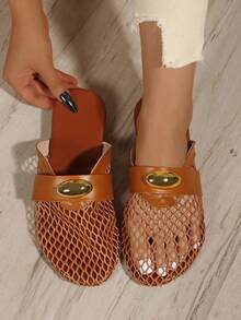 女士镂空网眼平底套脚鞋，舒适亚麻休闲穆勒凉鞋