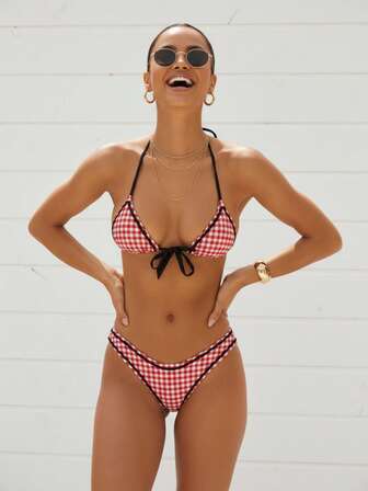 Summer Retro Sexy Bikini Set, Random Printed Beach Swimwear For Vacation