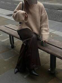 SEREN Herbst und Winter Neuer Stil einfarbiger Rundhals Loose Fit Rippenpullover für Frauen, gestrickter Pullover, lässiger Pendler-Oberteil