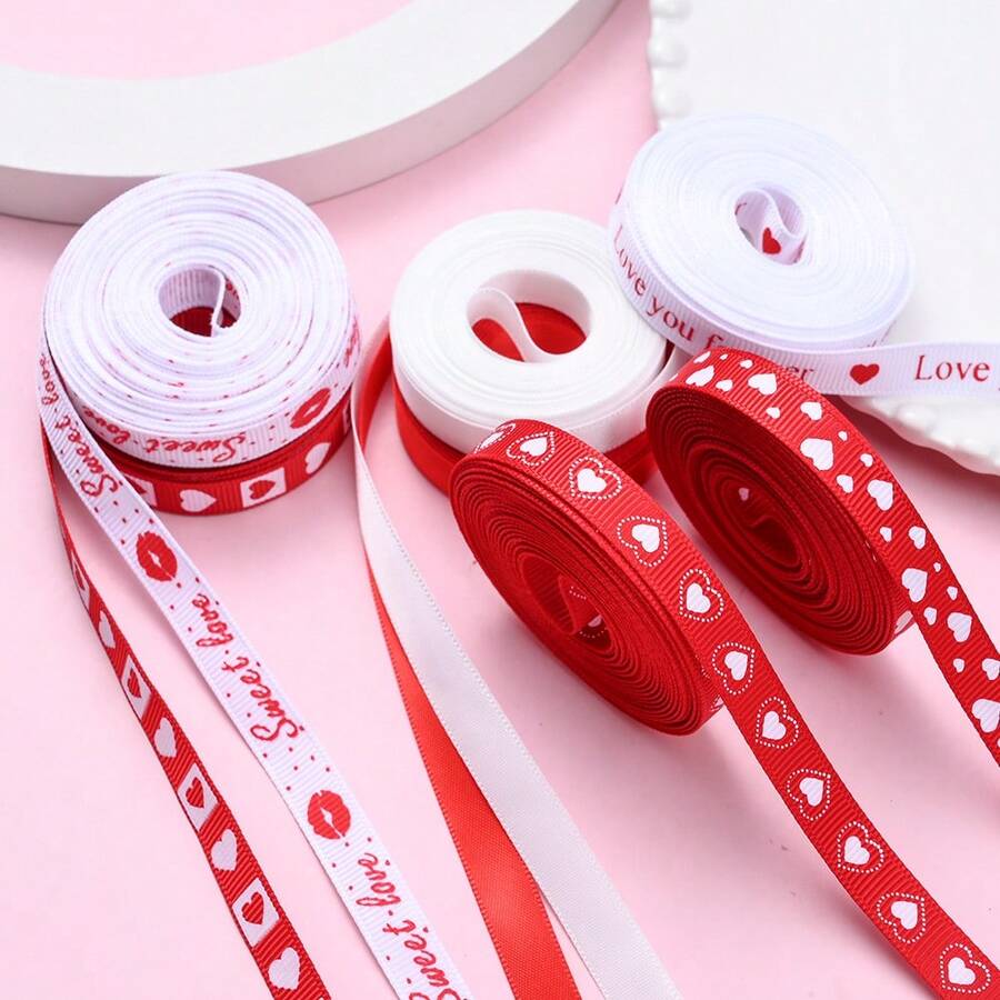 5码/卷 9毫米 情人节爱心印花丝带 婚礼七夕礼物包装绳 情人节红色提花丝带 DIY手工丝带 - 彩色 - 查看 1