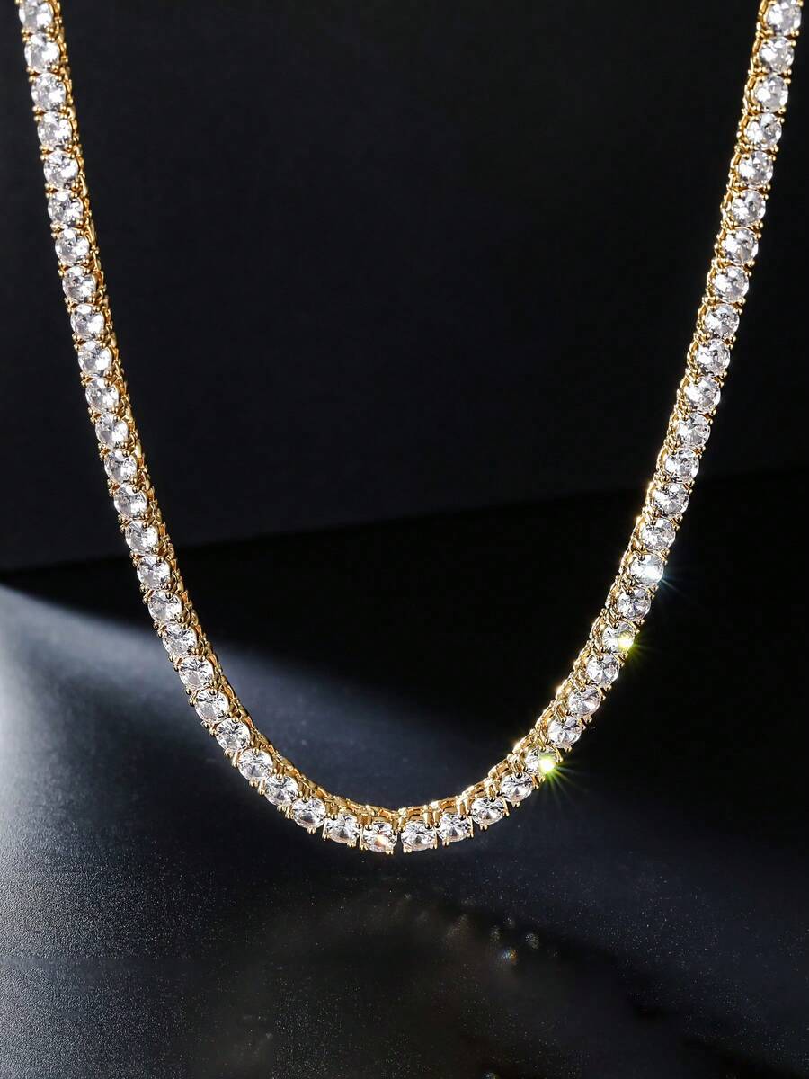 1条4毫米网球链，锌合金男士叠戴链，摇滚嘻哈风格项链，经典设计确保百搭实用，呈现无与伦比的璀璨光泽，适合作为朋友聚会、生日、派对礼物 - 時尚網球鏈 - 查看 1