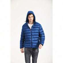 Lightweight Men's Puffer Jacket – Hooded Cotton-Padded Zipper Coat For Winter Cold Weather, Comfortable Travel Outerwear & Christmas Gift Option - 黑色+牛仔布 - 查看 8