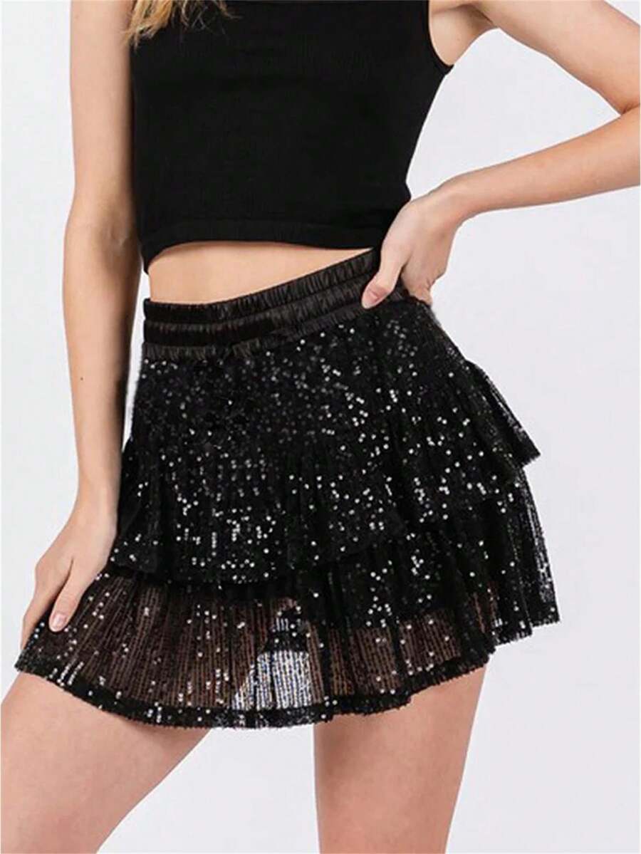 Minifalda de verano para mujer, informal, con lentejuelas brillantes, elástica, estilo A, para playa, vacaciones, club, ropa de calle - Negro - Ver 1