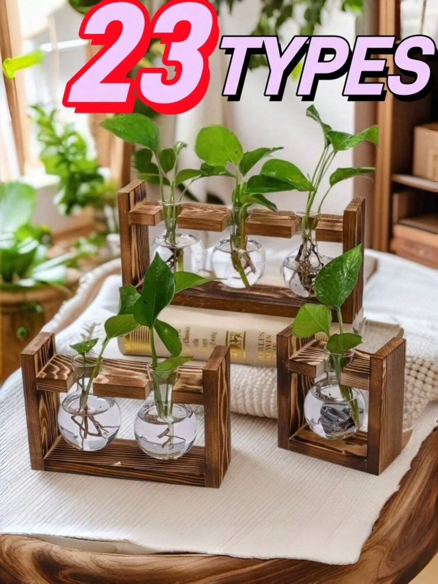 1 Set Wood Base Glass Vase - Hydroponic Plant Stand With Cultivation Station, Desktop Glass Container With Wooden Rack, Fashionable Home And Office Decor, Ideal Gift For Plant Lovers - Multicolor - View 1