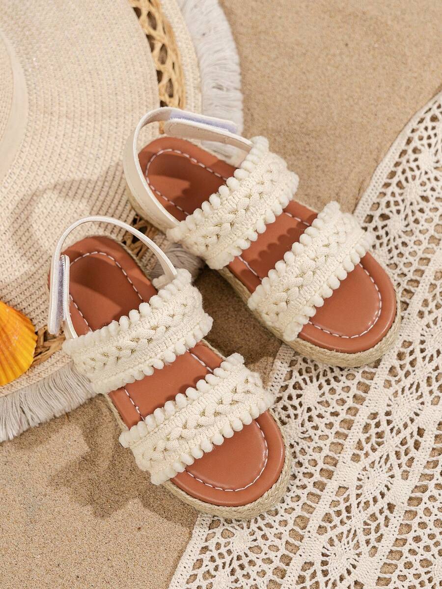 1双女童双带编织复古简约时尚沙滩凉鞋，适合夏季度假 - 杏色 - 查看 1