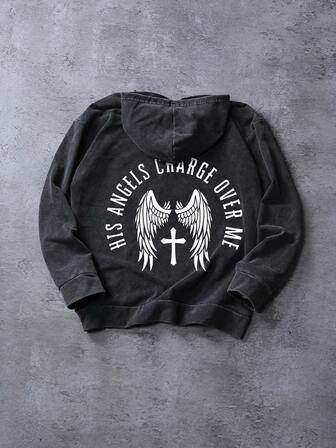 Men's Thin Street Graphic Hoodie Sweatshirt, Slightly Stretchy Fitted Washed Cotton Blend Black Pullover Long Sleeve Hooded Top, Casual Daily Wear