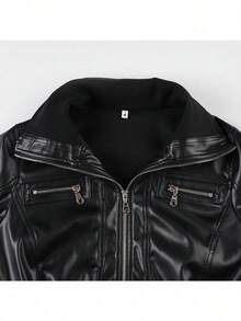 Chaqueta de trabajo de estilo oscuro retro de piel con parches, chaqueta versátil con cintura ajustable para mujer para otoño e invierno - Negro - Ver 6