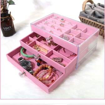 1pc Drawer Style Jewelry Storage Box With Velvet Fabric Portable Dustproof Jewelry Organizer Box For Anti-Oxidation Accessories/Pink,Gift For Valentine's Day
