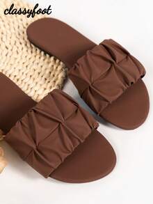 Dép đế bằng xếp ly mũi vuông thời trang nữ dáng rộng, phong cách ngày lễ mùa hè, đế PU màu nâu - màu nâu - Xem 3