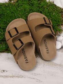 Summer New Kids Anti-Slip Soft Bottom Double Buckle Simple Fashion Flat Slippers Beach Sandals, Suitable For Beach Vacation - Brown - View 3