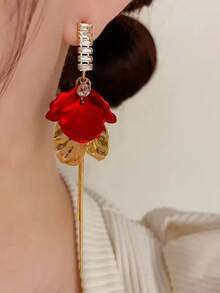 1 Pair European And American Classic Versatile Fashion Metal Red Petal Micro-Inlaid Zirconia Earrings, Stylish New Year Elegant Tassel Flower Earrings For Women - Multicolor - View 8